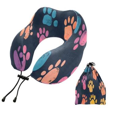 Imagem de CEBUGI Travesseiros de viagem portáteis em forma de U, travesseiro de pescoço de espuma viscoelástica com trava de corda ajustável para avião, viagem, trem, negócios, escritório, soneca (pegadas de