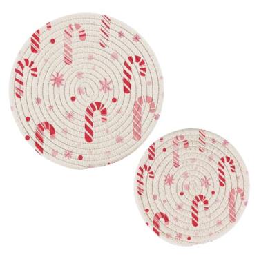 Imagem de Wassud Conjunto de tripé com padrão de bengala doce para pratos quentes, suportes redondos de algodão, almofadas quentes, porta-copos elegantes, decoração de cozinha e acessórios, 2 peças