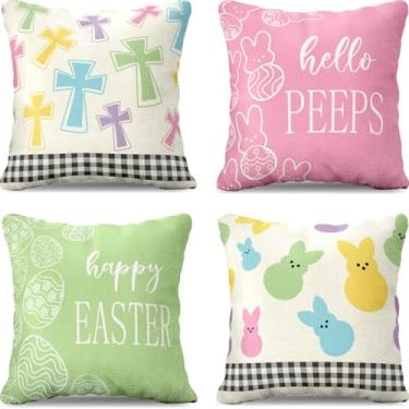 Imagem de LUVIVIHOME Capas de almofada de Páscoa, capas de almofada decorativas, ovos de páscoa preto e branco búfalo xadrez verde rosa coelho colorido capa de almofada para sofá sofá decoração de casa ao ar