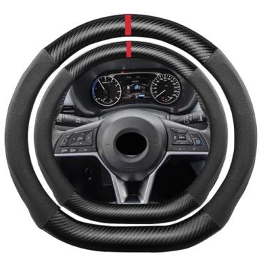 Imagem de K LAKEY Capa de volante de fibra de carbono em camurça em forma de D, compatível com Nissan Versa Altima Maxima Kicks Rogue Pathfinder 38 cm fundo plano camurça couro esportivo antiderrapante