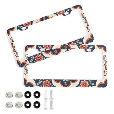 Imagem de CEBUGI Pacote com 2 molduras de placa de carro de alumínio capas de moldura de placa de carro com 2 furos padrão floral acessórios automotivos para placas dianteiras e traseiras orifício elíptico