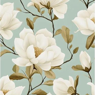 Imagem de Papel de parede moderno verde branco flores azul floral descascar e colar papel de contato 43,5 cm x 395,7 cm vinil impermeável autoadesivo removível boho moderno papel de parede botânico para paredes
