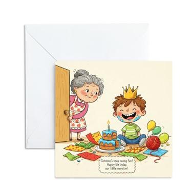 Imagem de Cartão de aniversário para neto - ilustração de neto fofo "Little Monster" - Cartão engraçado e fofo para meninos - Presente doce de feliz aniversário para crianças pequenas ou crianças, 13 x 13 cm
