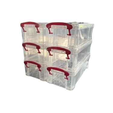 Imagem de Recipientes de armazenamento empilháveis transparentes com alças coloridas, pacote com 6 caixas de organização de plástico para material de escritório, materiais de arte, armazenamento escolar