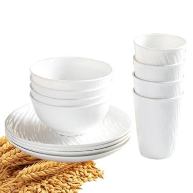 Imagem de Unbreakable Wheats Conjunto de utensílios de jantar com canudo, 12 peças, conjunto de louça de plástico para 4 pratos e tigelas, conjunto de pratos de plástico para micro-ondas (branco)
