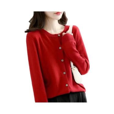 Imagem de Suéter Cardigan Feminino De Gola Redonda, Ajuste Solto, Cor Sólida, To