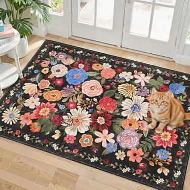 Imagem de Babovid Tapete floral para entrada, tapete de cozinha lavável 5,5 x 7,5 cm, ultrafino, macio, antiderrapante, resistente a manchas, boêmio, pequeno, de pelo baixo, para banheiro e quarto (2 x 3