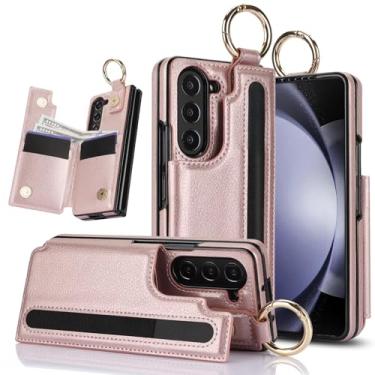 Imagem de Capa carteira para Samsung Galaxy Z Fold 7 com suporte para cartão, compartimento para caneta e suporte de anel, capa de telefone resistente com fecho magnético de couro dobrável (ouro rosa)