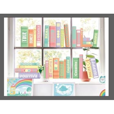 Imagem de JarThenaAMCS Adesivos de janela de leitura pastel livro colorido palavras inspiradoras decalques de vidro dupla face para decoração de parede de biblioteca de sala de aula de volta às aulas, 6 folhas