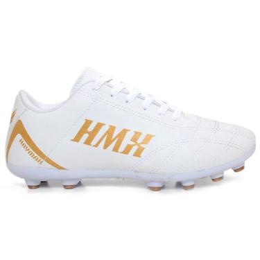 Imagem de Chuteira Campo Gramado Premium Haymax HMX original, 34, Branco, Dourad