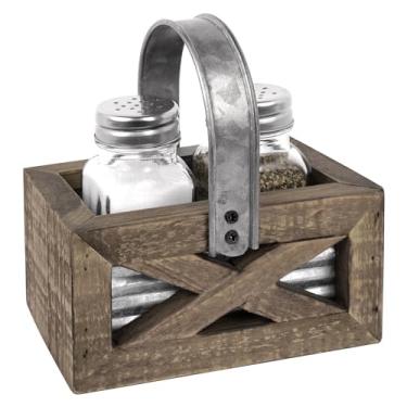 Imagem de Conjunto de saleiro rústico e pimenteiro de outono em madeira e carrinho galvanizado | Saleiro de fazenda e pimenteiro para sua decoração rústica de cozinha | Conjunto rústico de saleiro e pimenteiro adiciona charme à sua mesa de cozinha de país