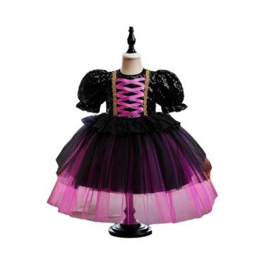 Imagem de Fantasia infantil de Halloween, vestido de tule de malha roxo e preto 