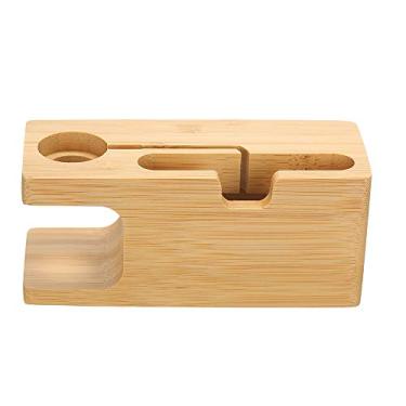 Imagem de Base de Carregamento Mesa Bambu Suporte 2 em 1 para Telefone e Smartwatch Antiderrapante Uso no Escritório Quarto