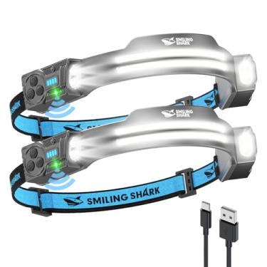 Imagem de Smiling Shark Lanterna de cabeça TS-2, refletor duplo com holofote e lanterna de LED estroboscópica recarregável de 2400 mAh de longa duração com sensor de movimento, design mãos-livres para