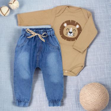 Imagem de Conjunto Bebê Leãozinho Body Bege Avelã E Calça Jeans Jogger