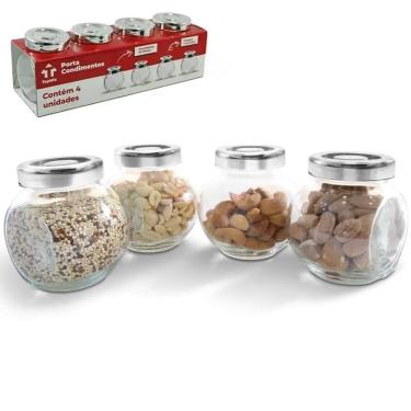 Imagem de Porta Condimento Vidro 4 Peças com Tampa Cromada - Porta Condimentos Vidro 4 Peças Guardar Temperos - PANAMI