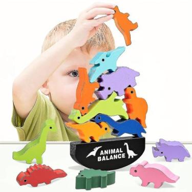 Imagem de Jogo de empilhamento de blocos de construção de dinossauros de madeira