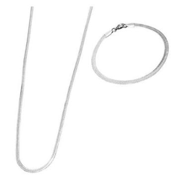 Imagem de Conjunto Cordão 60cm e Pulseira 20cm Masculino Laminado Prateado Aço Inoxidável-Masculino