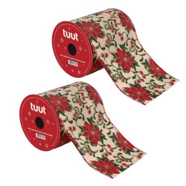 Imagem de Kit 2 Fitas Aramadas Decorativas Natalinas Bico de Papagaio Premium Tecido 10CM X 9,14M Vermelho e Verde Yangzi
