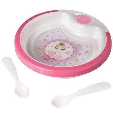 Imagem de Prato Térmico Infantil com 2 Colheres Ventosa Plasutil Rosa, Rosa Bail