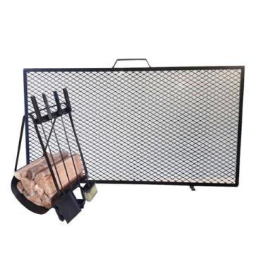 Imagem de Kit Acessórios Lareira Porta Lenha Tela de Proteção 77x40 - INOX LAURI