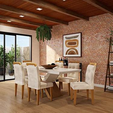 Imagem de Conjunto de Mesa de Jantar com Vidro e 6 Cadeiras Clarice Veludo Creme e Off White