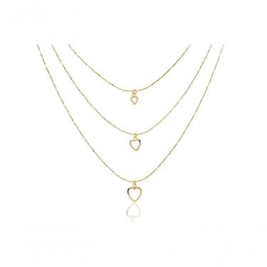 Imagem de Colar Triplo De Corações Vazados Folheado Em Ouro 18K