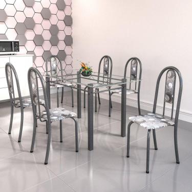 Imagem de Conjunto de Mesa Tubular 6 Cadeiras 140cm com Tampo de Vidro Iris Soma Móveis Paraopeba/Prata
