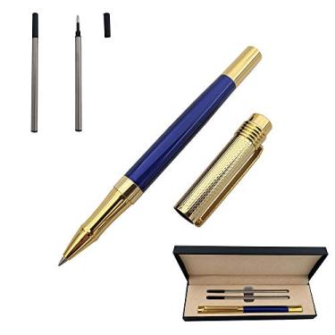 Imagem de Acoud Caneta esferográfica de ponta fina caneta de gel de metal caneta de assinatura comercial com 2 refis de 0,5 mm, caneta de escrita suave para homens e mulheres - caixa de presente elegante (azul)