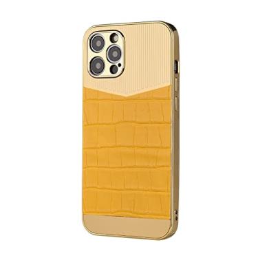 Imagem de DENSUL Capa de couro para iPhone 14/14 Pro/14 Plus/14 Pro Max, capa de chapeamento fino, proteção anti-arranhões, textura de crocodilo anti-choque e anti-impressão digital, amarelo, 14 6,1 polegadas