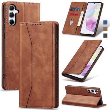 Imagem de Jasonyu Flip Carteira Capa para Samsung Galaxy A35,Capinha Folio Magnética de Couro com Suporte para Cartão,Suporte para Chute - Protetora Durável de TPU à Prova de Choque para Telefone,Marrom