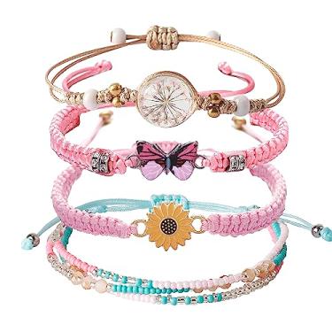 Imagem de DS Conjunto de 4 pulseiras de contas de cordão para meninas adolescentes, delicadas e fofas, borboleta, margarida, flores eternas, conjunto de pulseiras para mulheres e meninas, pulseira elástica