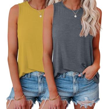 Imagem de Vemodoo Regatas femininas de verão, sem mangas, casual, gola redonda, camisetas básicas de ajuste solto, Amarelo e cinza, M