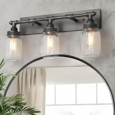 Imagem de LNC Luminária de banheiro grande de 61 cm, luminária industrial de 3 potes de conserva com acabamento escovado prata antiga