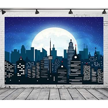 Imagem de CORFOTO Cenário de super cidade de desenho animado para festa temática de super-heróis com tema de cidade Skyline Fundo da cidade crianças meninos faixa de aniversário noite urbana lua cenários de edifícios de super-herói adereços de estúdio fotográfico