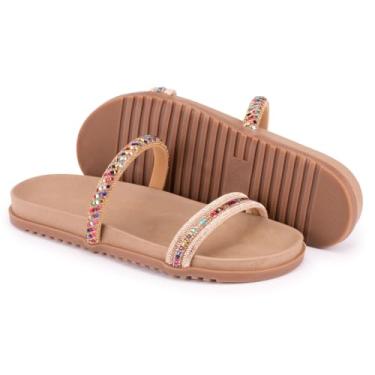 Imagem de Chinelo Slide Feminino com Tiras de Pedrarias Coloridas, Sola Antiderrapante, Numeração Especial 33 ao 44 (Nude Dourado, BR, Adulto, Numérico, 39)