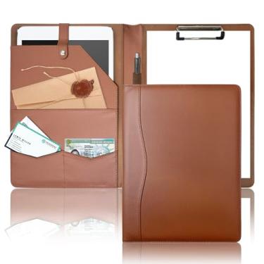 Imagem de Pasta de portfólio padfolio, pasta de couro para prancheta, pasta de folhas soltas com capa pasta marrom A4 com bolsos, pasta de currículo para negócios, escola, escritório, reunião, pasta de negócios
