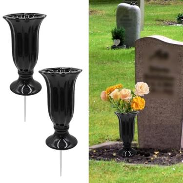 Imagem de Pacote com 2 vasos de cemitério para decorações de túmulos com ponta de metal, decorações de vaso de cemitério de cerâmica para sepultura, marcadores de túmulo, placa de decoração para túmulos ao ar