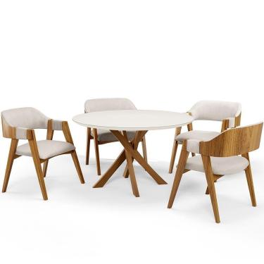 Imagem de Mesa De Jantar Redonda Cora 120cm Off White M04 Com 04 Cadeiras Living Suran Linho Cru - Lyam