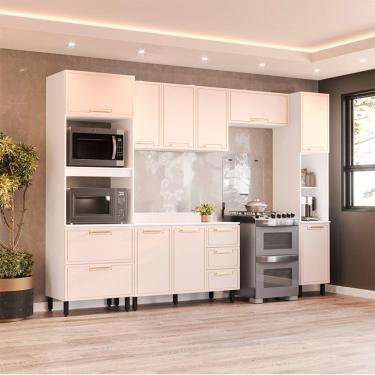 Imagem de Cozinha Completa com Tampo e Paneleiro Amara 10 Portas 4 Gavetas Creme e Branca