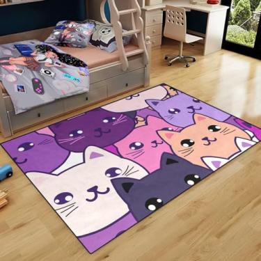 Imagem de Tapete de gato de desenho animado para quarto de meninas, roxo, decoração de quarto para meninos e meninas, adorável tapete com estampa de animal para quarto, sala de estar, tapete de boas-vindas, 1,2