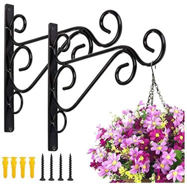 Imagem de Ganchos de cesta para pendurar de metal forjado de ferro planta suporte de montagem de parede suporte de pendurar plantas resistentes 25,4 cm ambiente interno externo jardim cerca lanterna sopro alimentadores de pássaros com parafusos (pacote com 2)