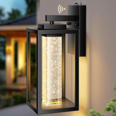 Imagem de VIANIS Grandes Luzes De Varanda Com Sensor Anoitecer Ao Amanhecer, Luminárias Externas Pretas Para Montagem Em Parede Casa Led 10 W, Vidro Bolha Cristal, Arandela Externa Moderna Antiferrugem, Lante