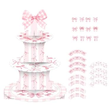 Imagem de Ioensy Suporte para bolo de 3 andares com laço, suporte para cupcake, torre de sobremesas com coberturas e embalagens para cozinha, restaurante, jantar,