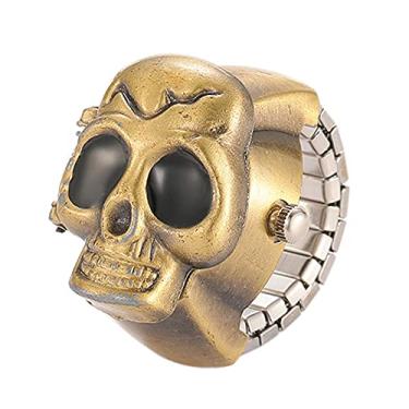 Imagem de JewelryWe Relógio masculino e feminino com estampa de caveira punk que abre e fecha com anel analógico, tamanho ajustável, para o dia das bruxas, Bronze - Preto,