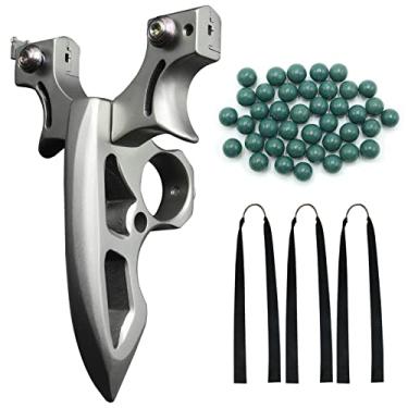 Imagem de RUOERSISI Estilingue poderoso para caça estilingue de aço inoxidável para adultos com 3 faixas de borracha de estilingue de 50 munição de argila