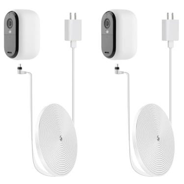 Imagem de iTODOS Pacote com 2 cabos de alimentação de 6 m e adaptador para câmera de segurança sem fio Arlo Essential, 2ª geração, cabo de carregamento plano externo à prova de intempéries para Alro Essential