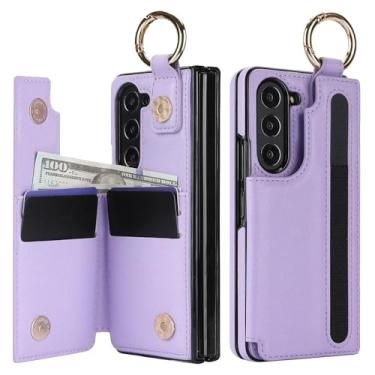 Imagem de MVVKKY Capa de celular tipo carteira com anel de couro sintético para Galaxy Z Fold6 com suporte para caneta e compartimento para cartão (sem caneta) (para Galaxy Z Fold6/roxo)