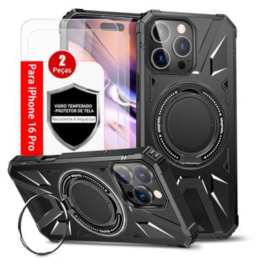 Imagem de Capa Capinha Case Compativel Com iPhone 16 Pro e 2 peças De Vidro Temperado À Prova De Suor Esportivo Suporte Magnético Para Carro Resistente A Quedas à Prova De Choque à Prova De Poeira