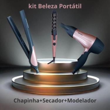 Imagem de Kit Beleza Portátil 3 em 1  Chapinha Secador Modelador  Rosa  Bivolt -